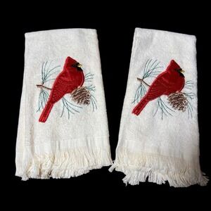 Vintage See Of 2 Red Cardinal Fingertip Towels Bathroom Decor Loved One Near